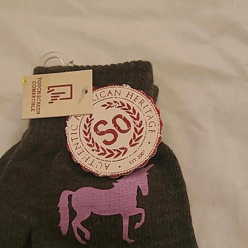 Heritage Kids' Dark Gray Mittens with Pink Horse